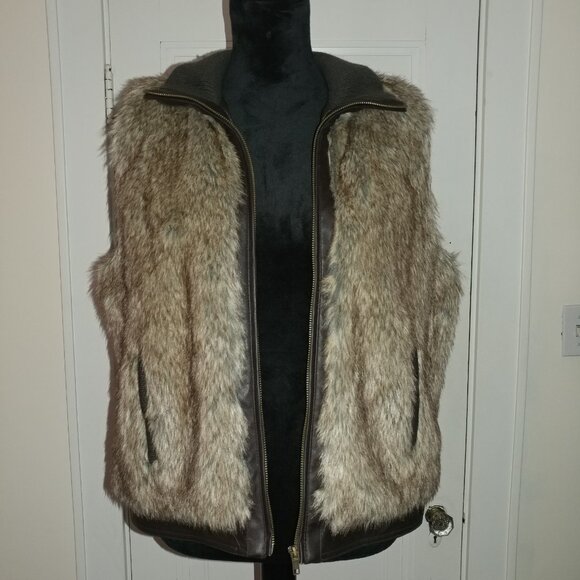 AMX: Brown/Cream Faux Fur Zip-Up Vest - Women's Size Large - NWOT - Picture 3 of 10